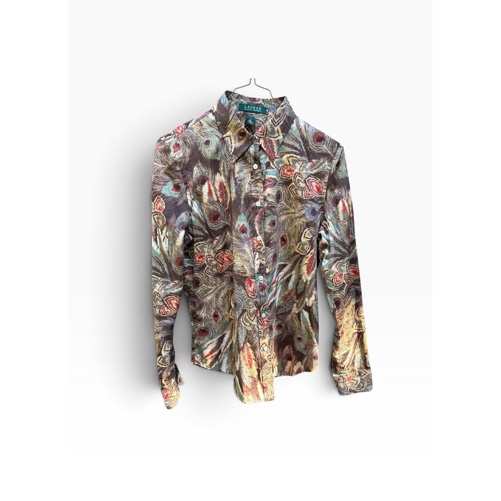 Vintage Lauren Ralph Lauren Women's M Peacock Feather Print Button Down Shirt - Picture 3 of 12
